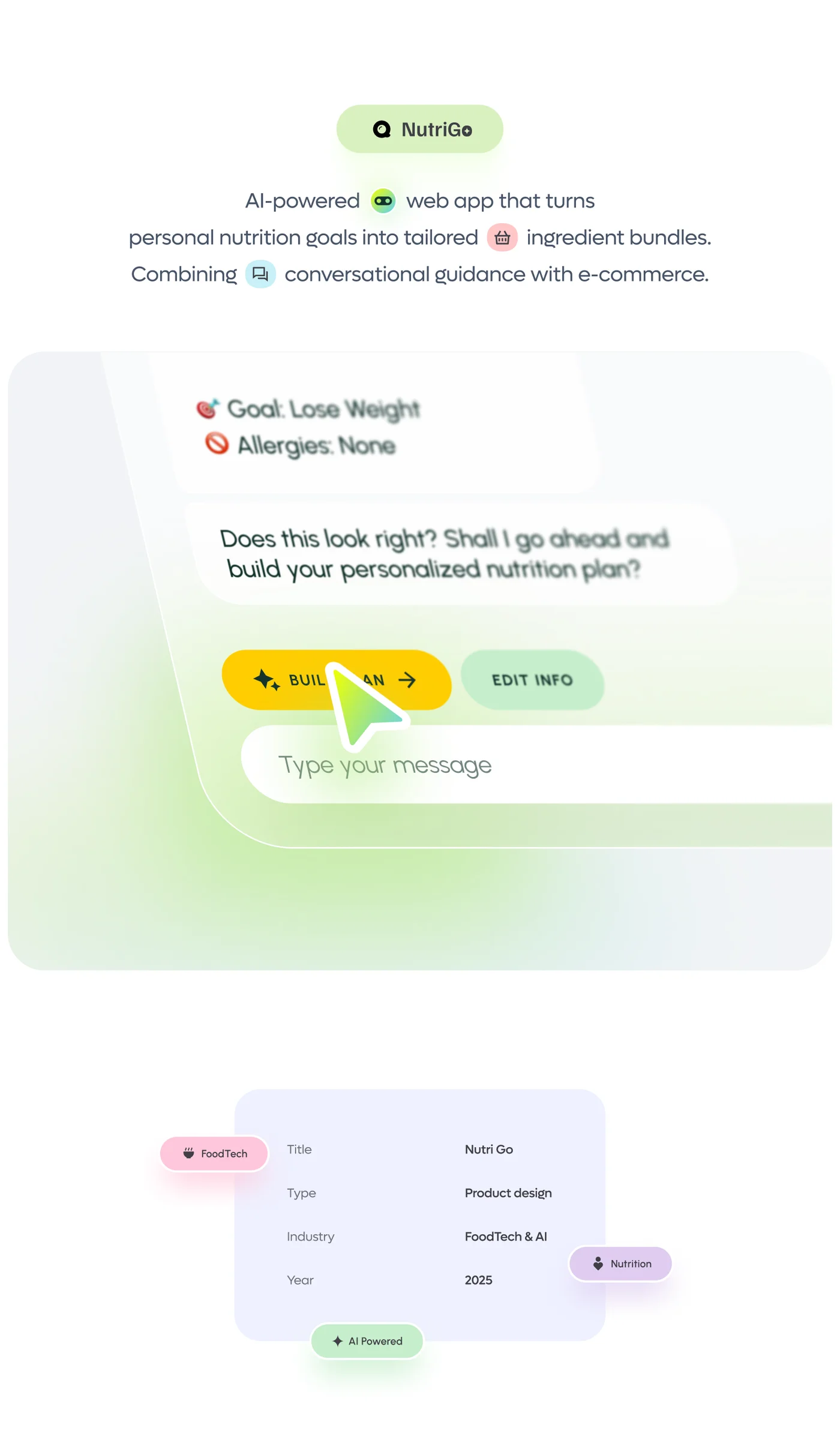 NutriGo AI nutrition and meal planning SaaS — original design board 1
