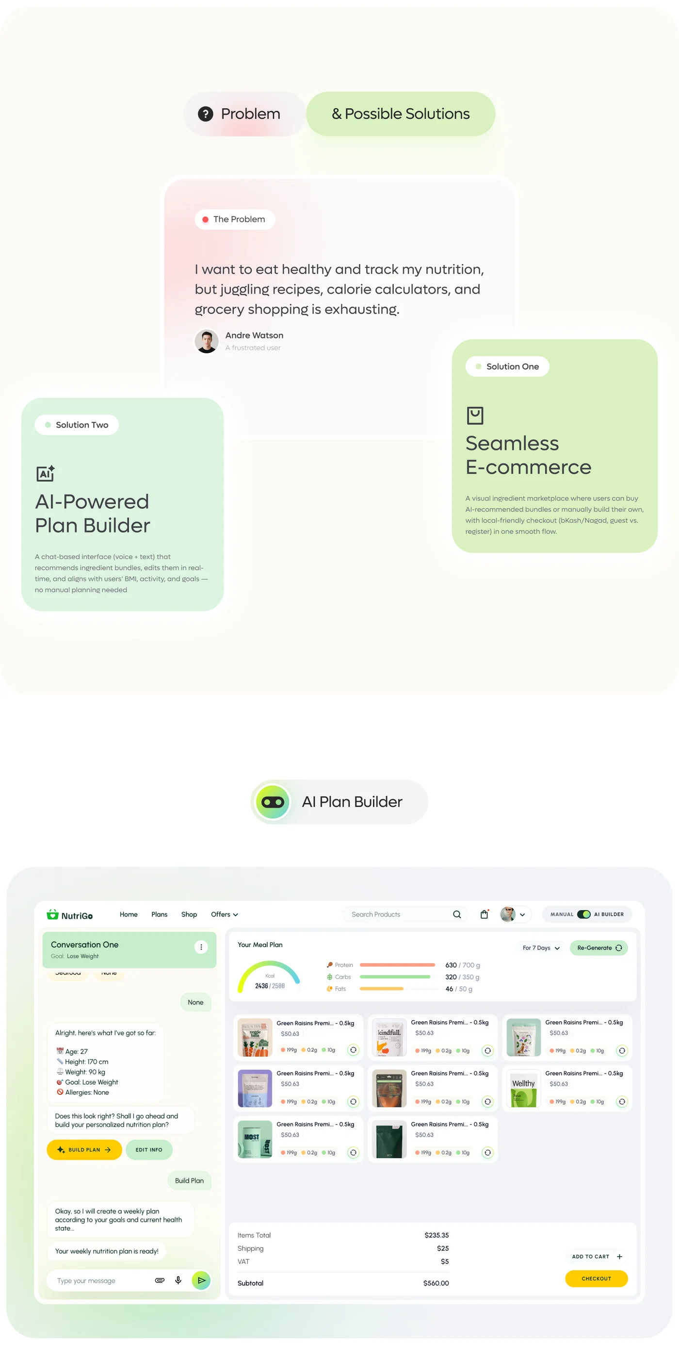 NutriGo AI nutrition and meal planning SaaS — original design board 2