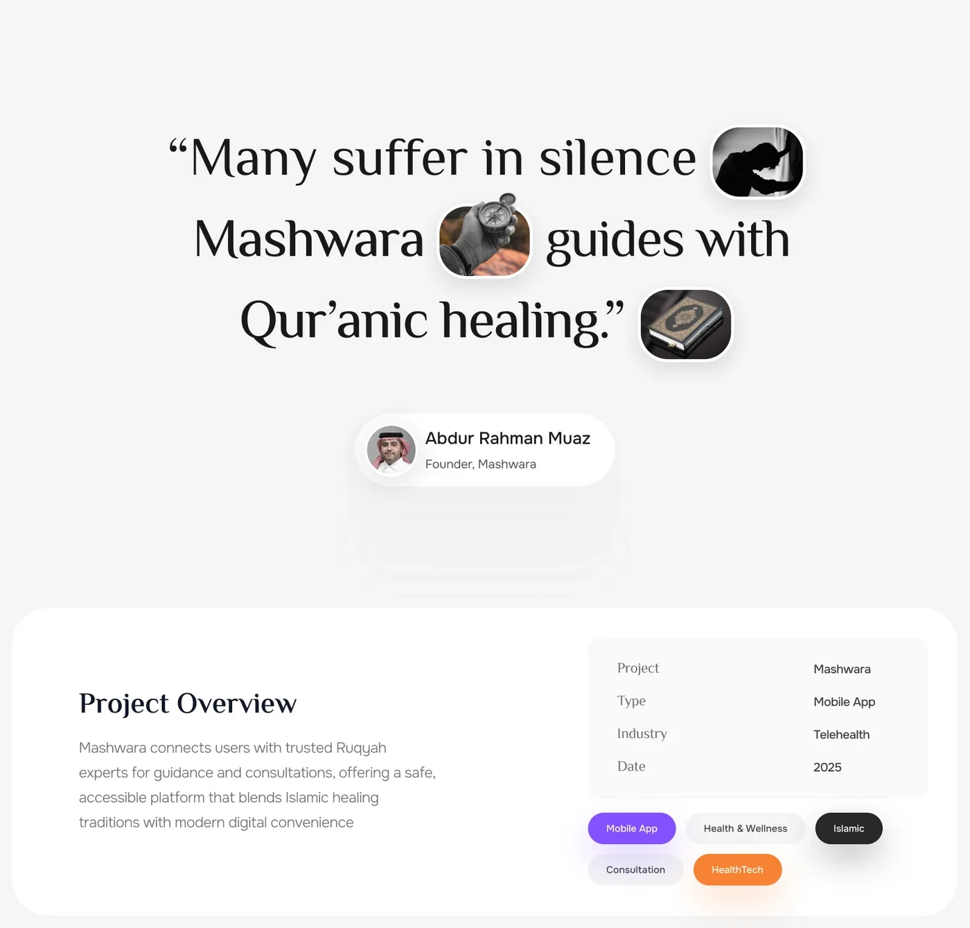 Mashwara Islamic consultation mobile app — original design board 2