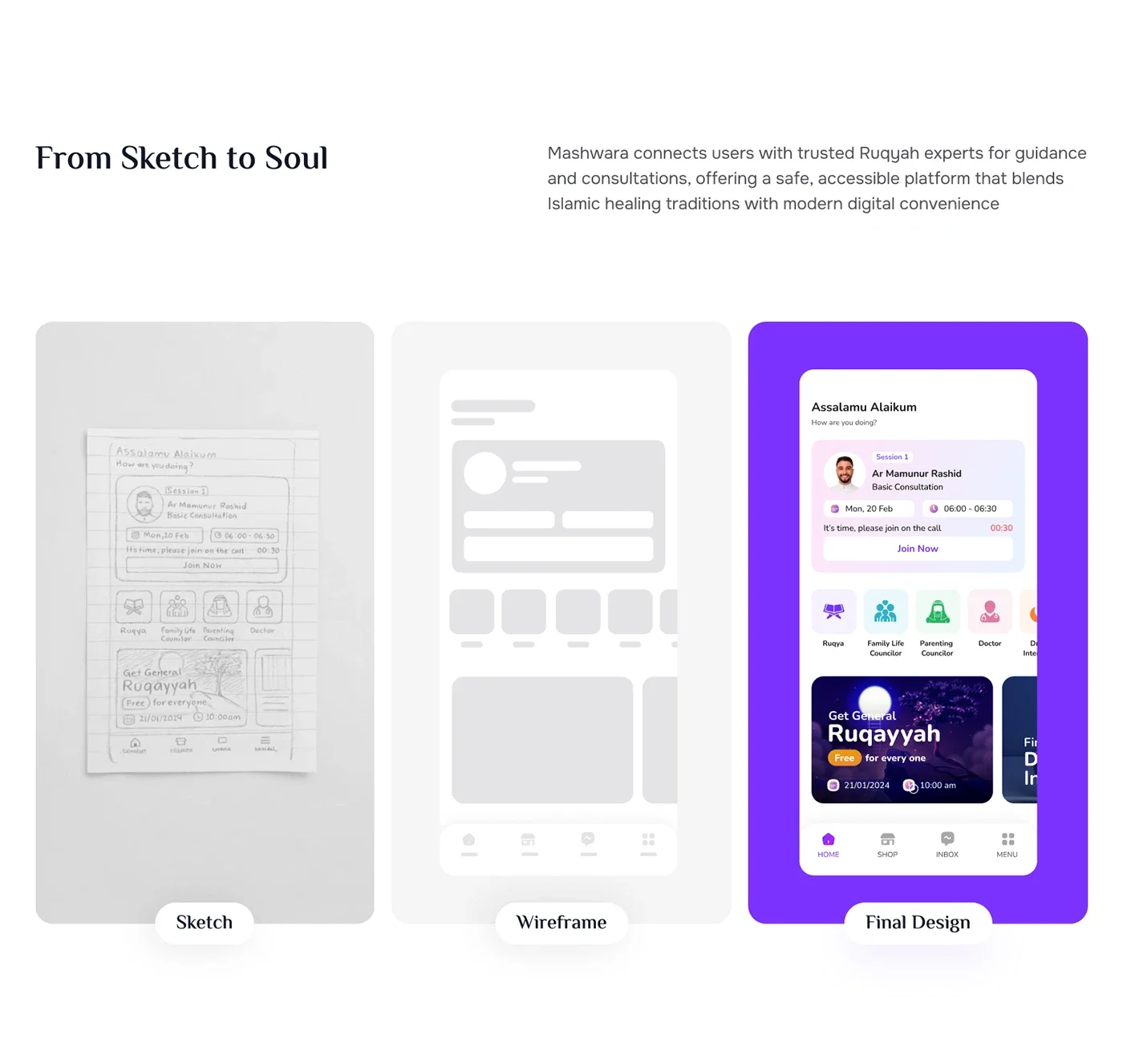 Mashwara Islamic consultation mobile app — original design board 9