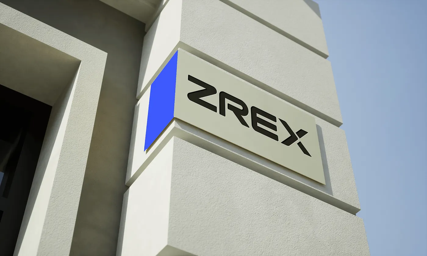 ZREX building sign on a stone facade