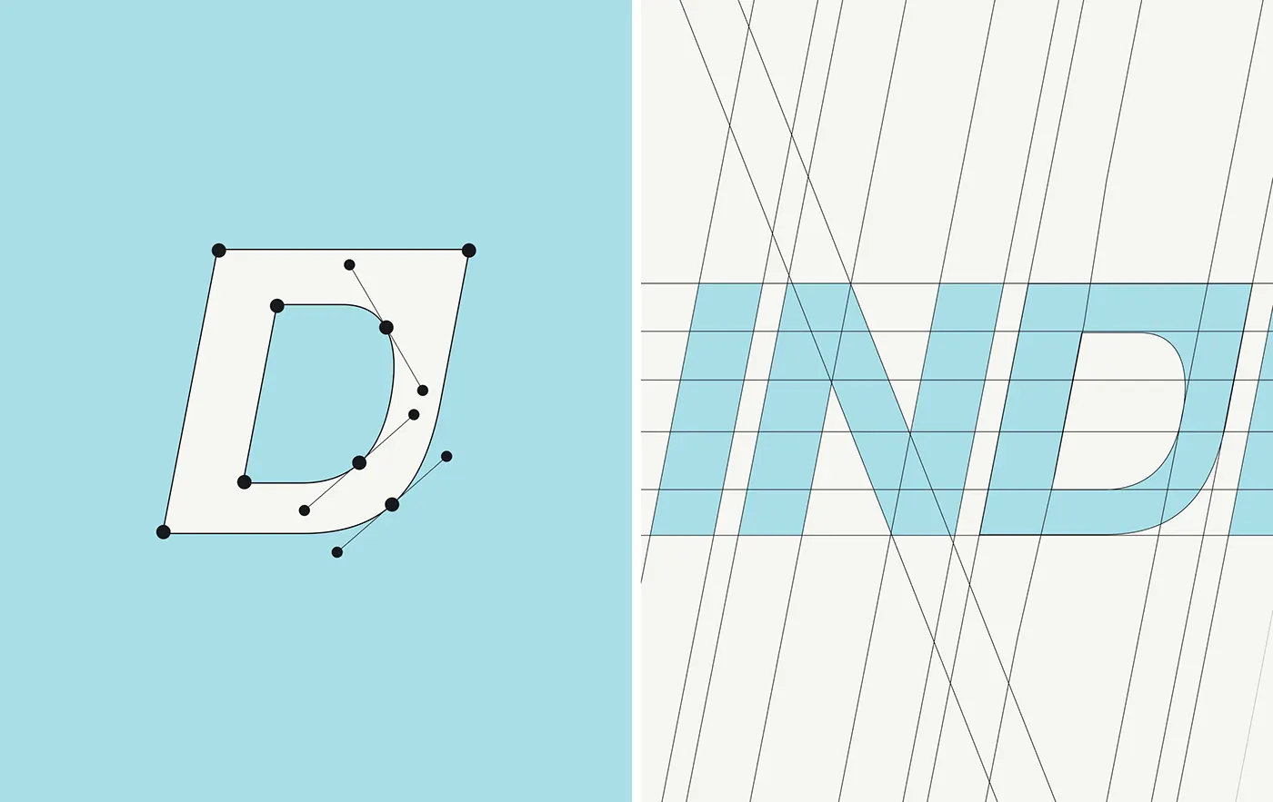 INDEX logo construction: the custom D drawn with vector points and the wordmark on a slanted grid