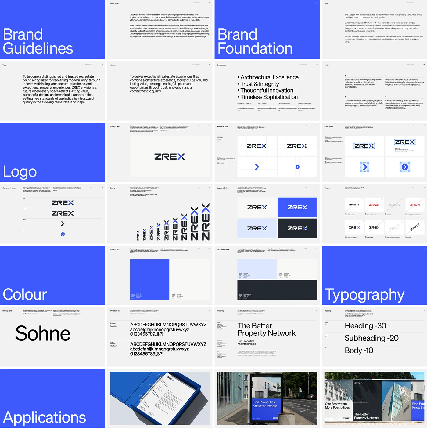 ZREX brand guidelines pages: brand foundation, logo, colour, typography and applications