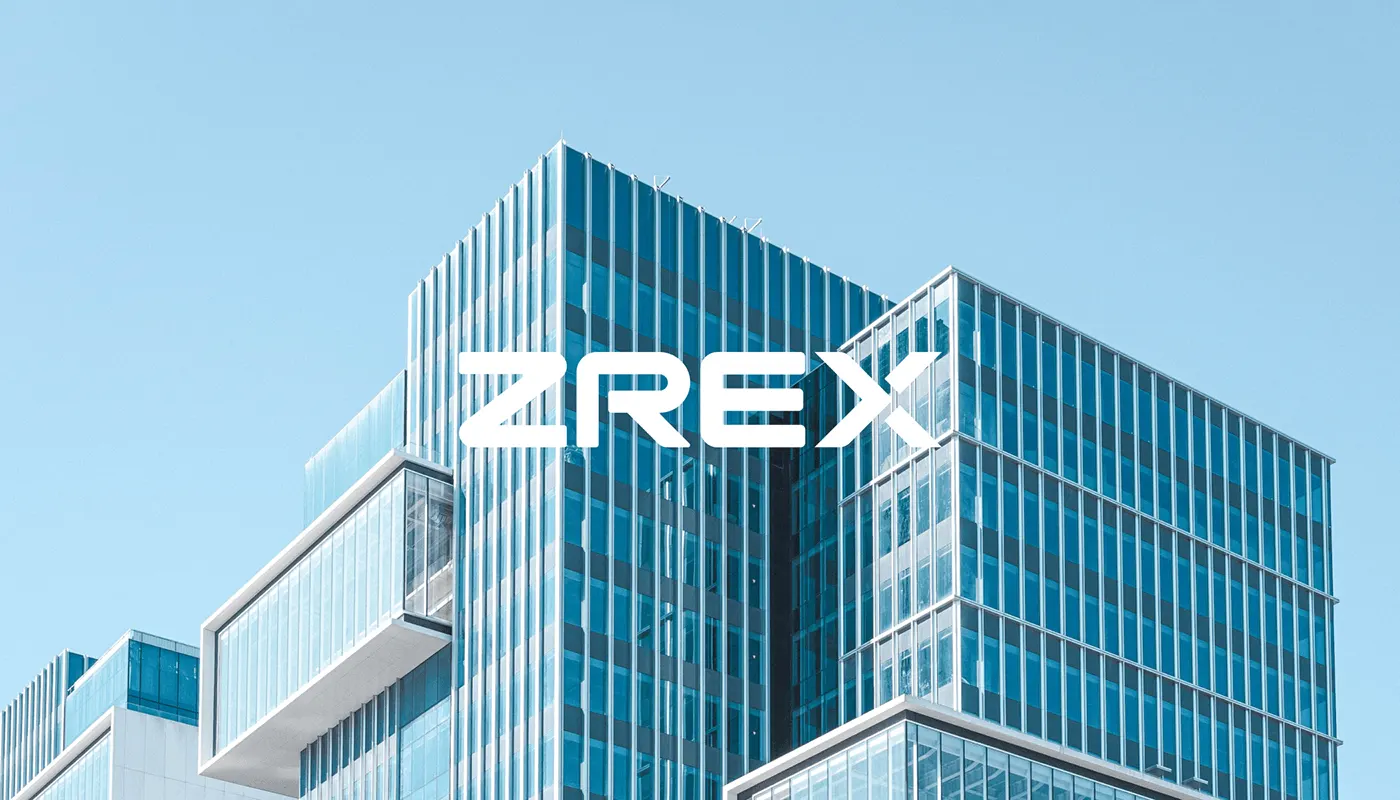ZREX logo on a modern glass office building, real estate brand identity by Jakaria Mahmud