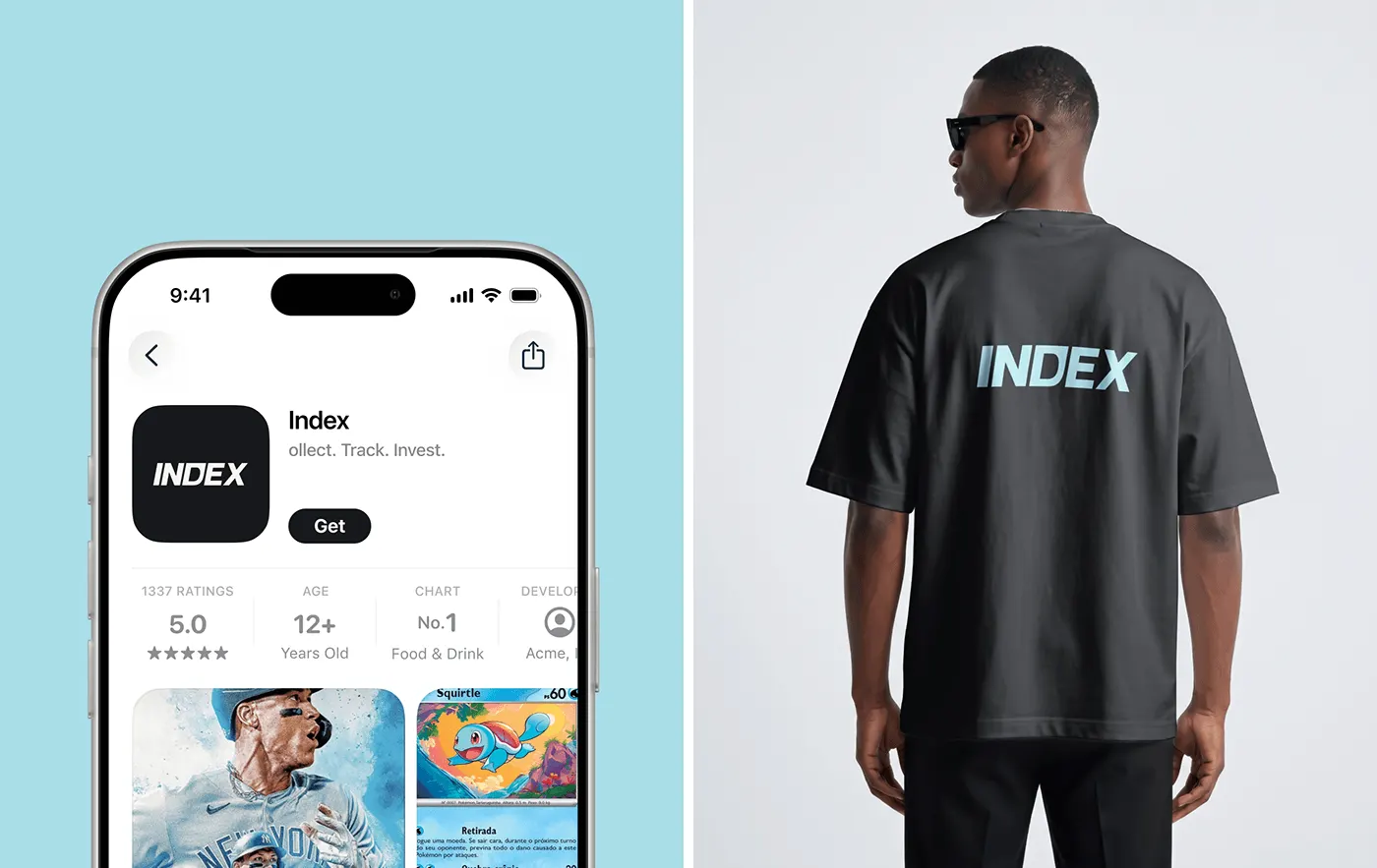 INDEX app store listing with the line "Collect. Track. Invest." next to a black INDEX t-shirt