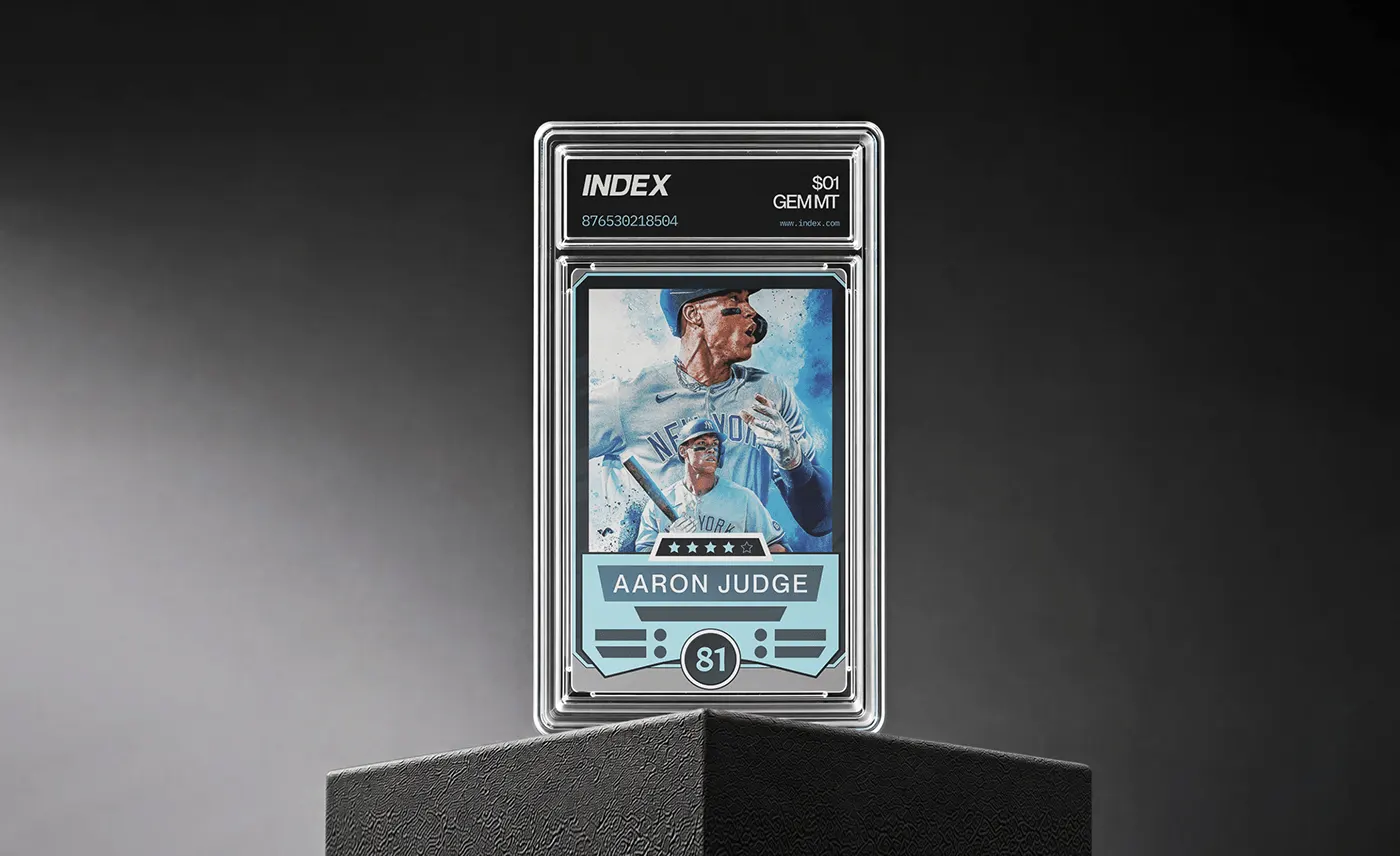 INDEX branded graded trading card case on a black plinth