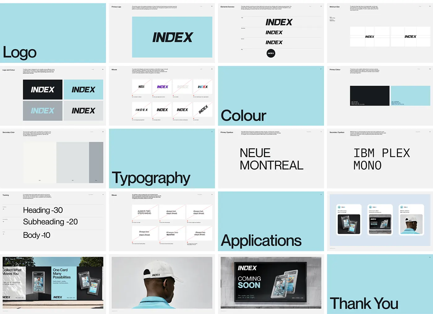 INDEX brand guidelines spreads: logo, colour, typography with Neue Montreal and IBM Plex Mono, and applications