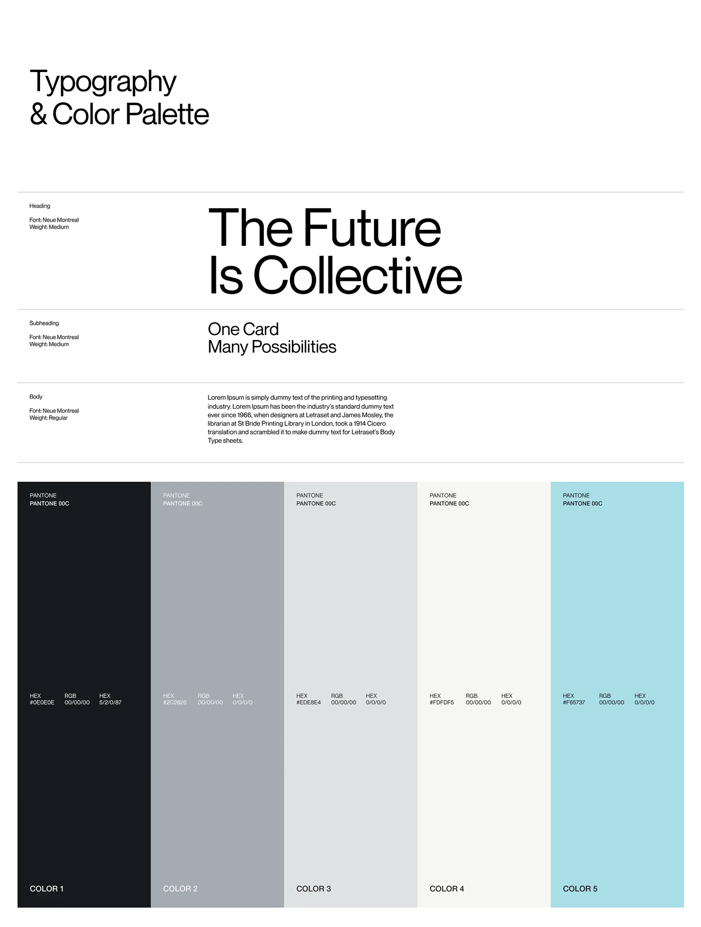 INDEX typography and colour palette: Neue Montreal headings and a palette of black, slate grey, light grey, off white and ice blue