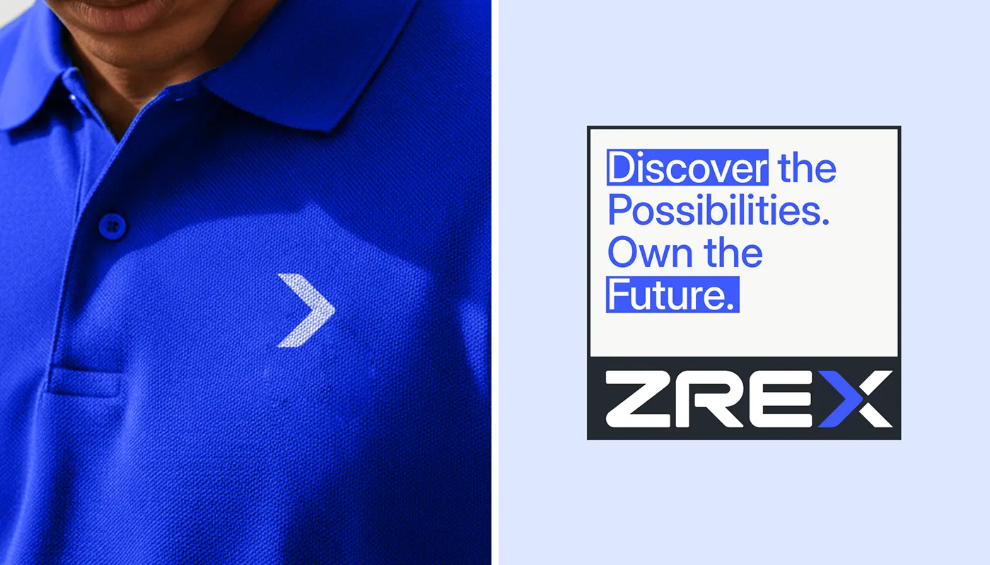 ZREX arrow symbol on a blue polo shirt and a "Discover the Possibilities" poster