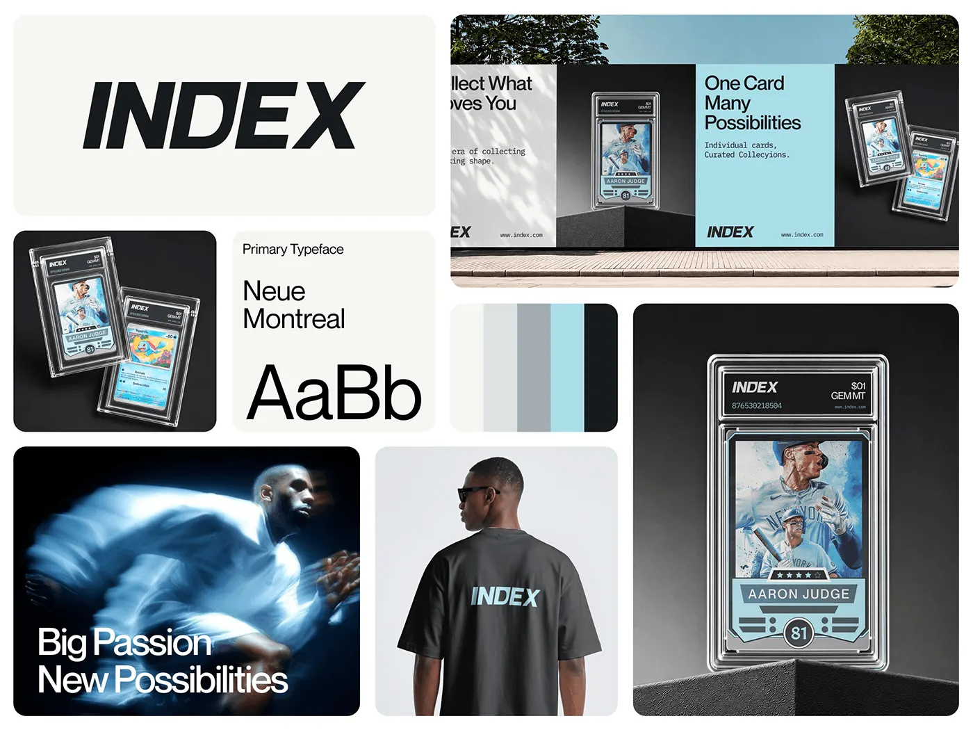 INDEX brand identity overview: wordmark, graded card cases, Neue Montreal type, colour palette, billboard, t-shirt and campaign image