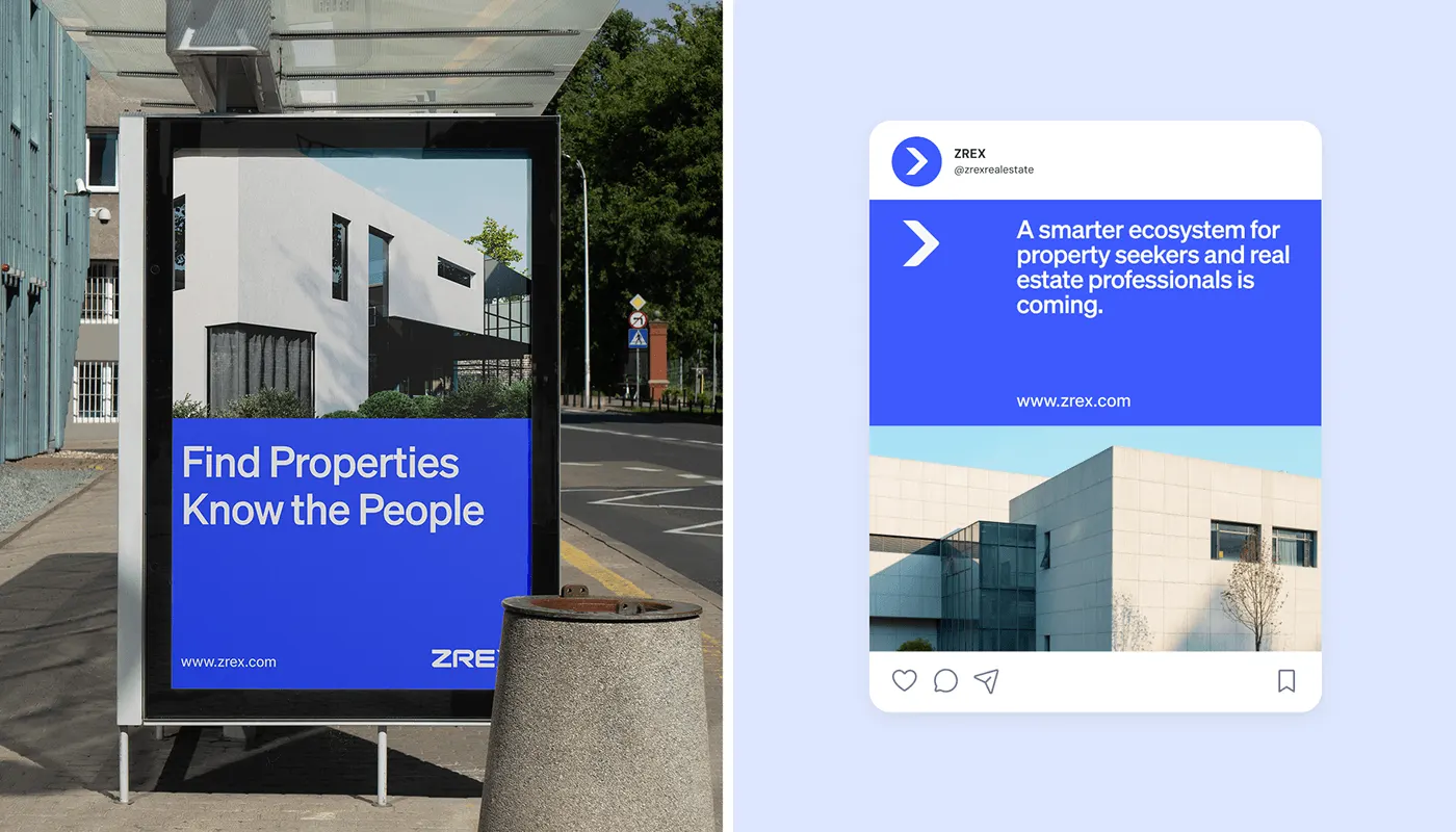ZREX bus shelter poster "Find Properties, Know the People" and a social media post
