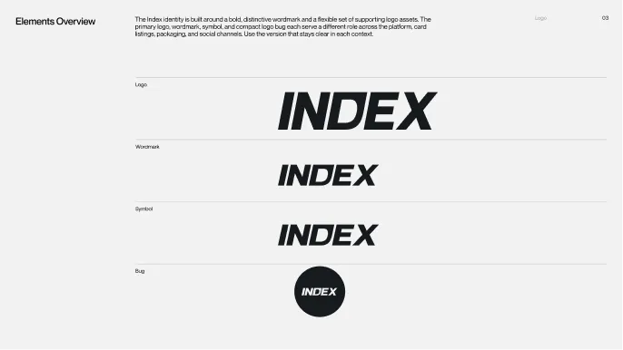 INDEX brand guidelines page: logo elements overview in different sizes and the round icon