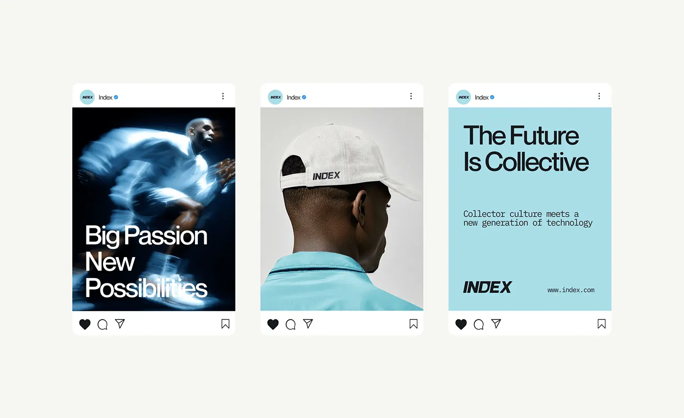 INDEX social media posts: "Big passion, new possibilities", a branded cap and "The future is collective"