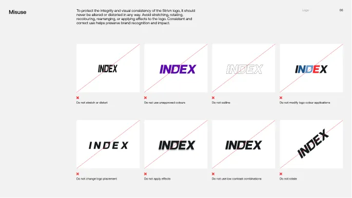 INDEX brand guidelines page: logo misuse examples such as wrong colours, outlines and rotation