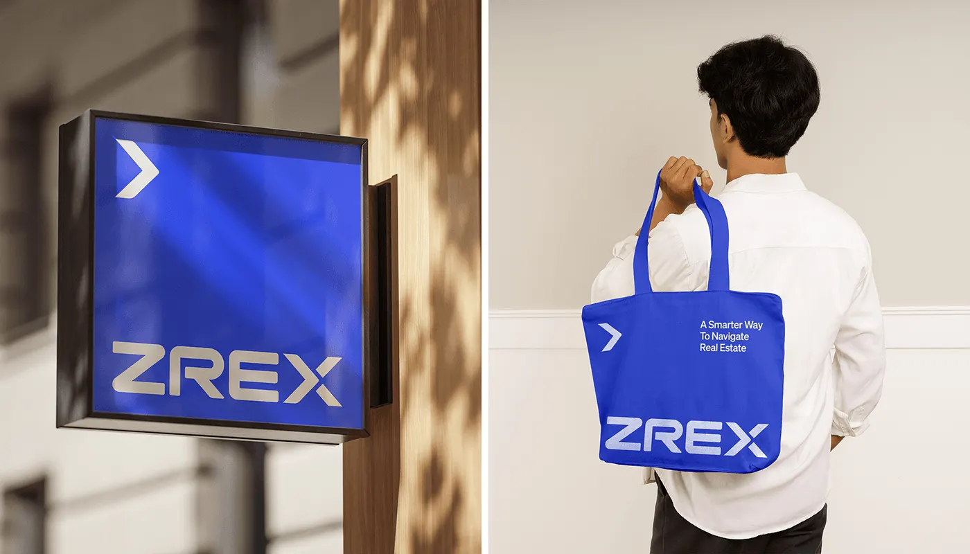 ZREX blue hanging sign and tote bag "A Smarter Way to Navigate Real Estate"