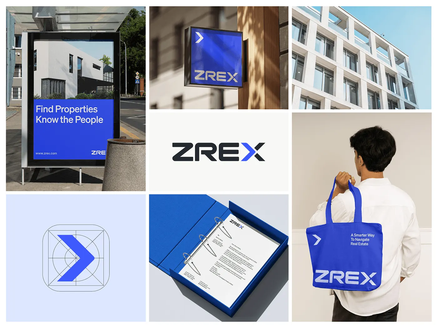 ZREX brand identity overview: bus shelter poster, hanging sign, logo, app icon, stationery folder and tote bag