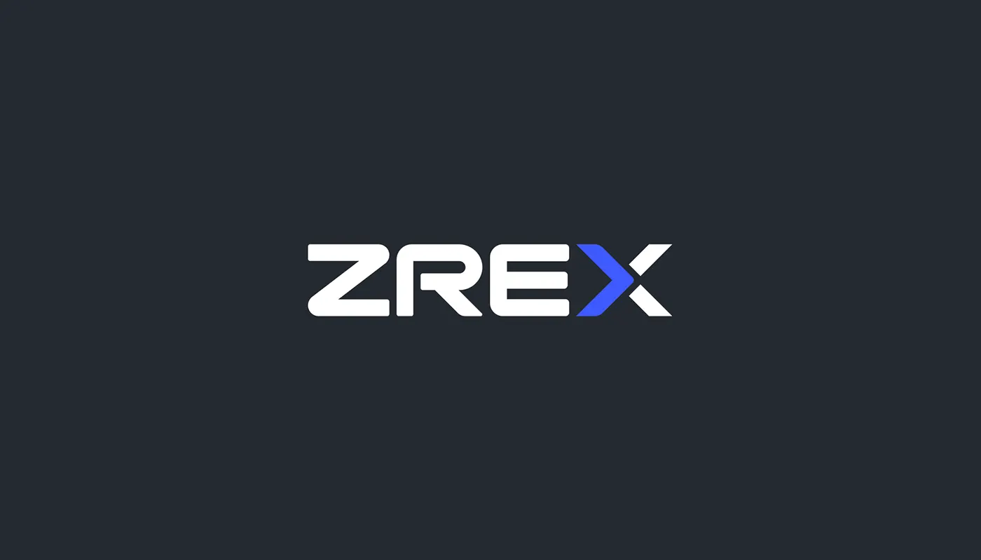 ZREX wordmark in white with the blue arrow inspired X on a dark background