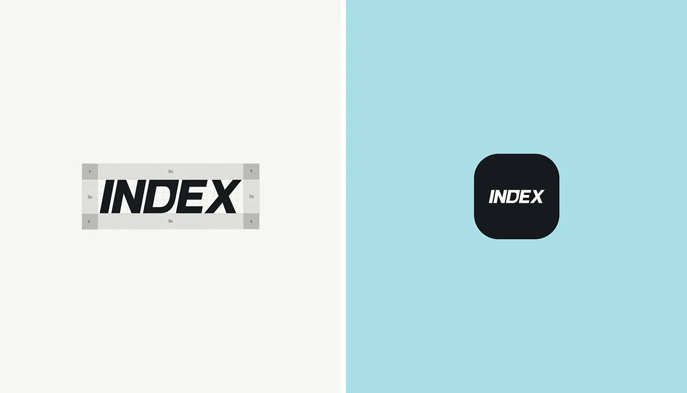 INDEX wordmark with clear space guides and the dark rounded app icon on ice blue