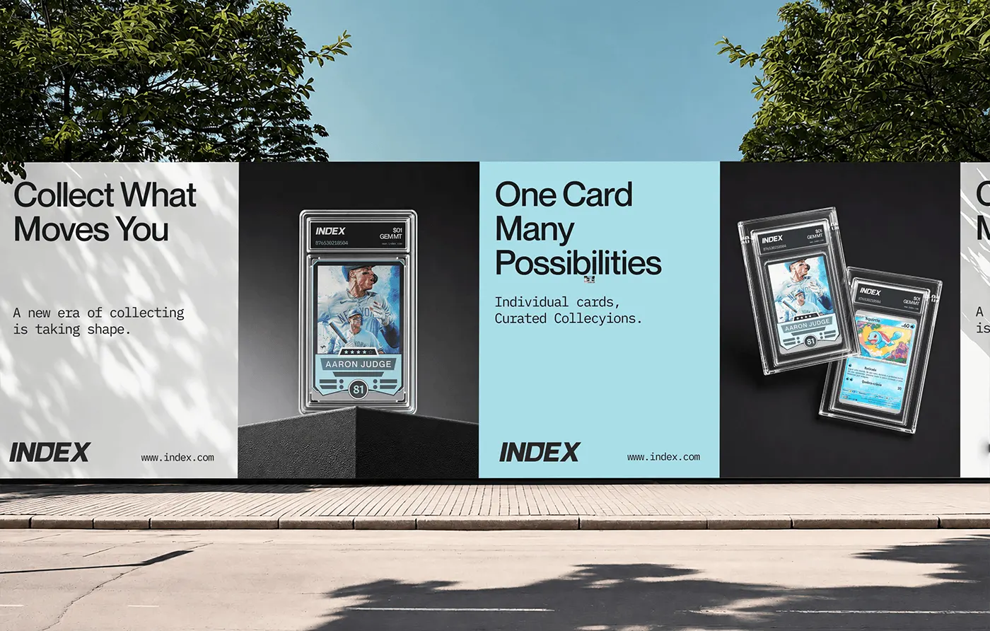 INDEX street billboards: "Collect what moves you" and "One card, many possibilities"