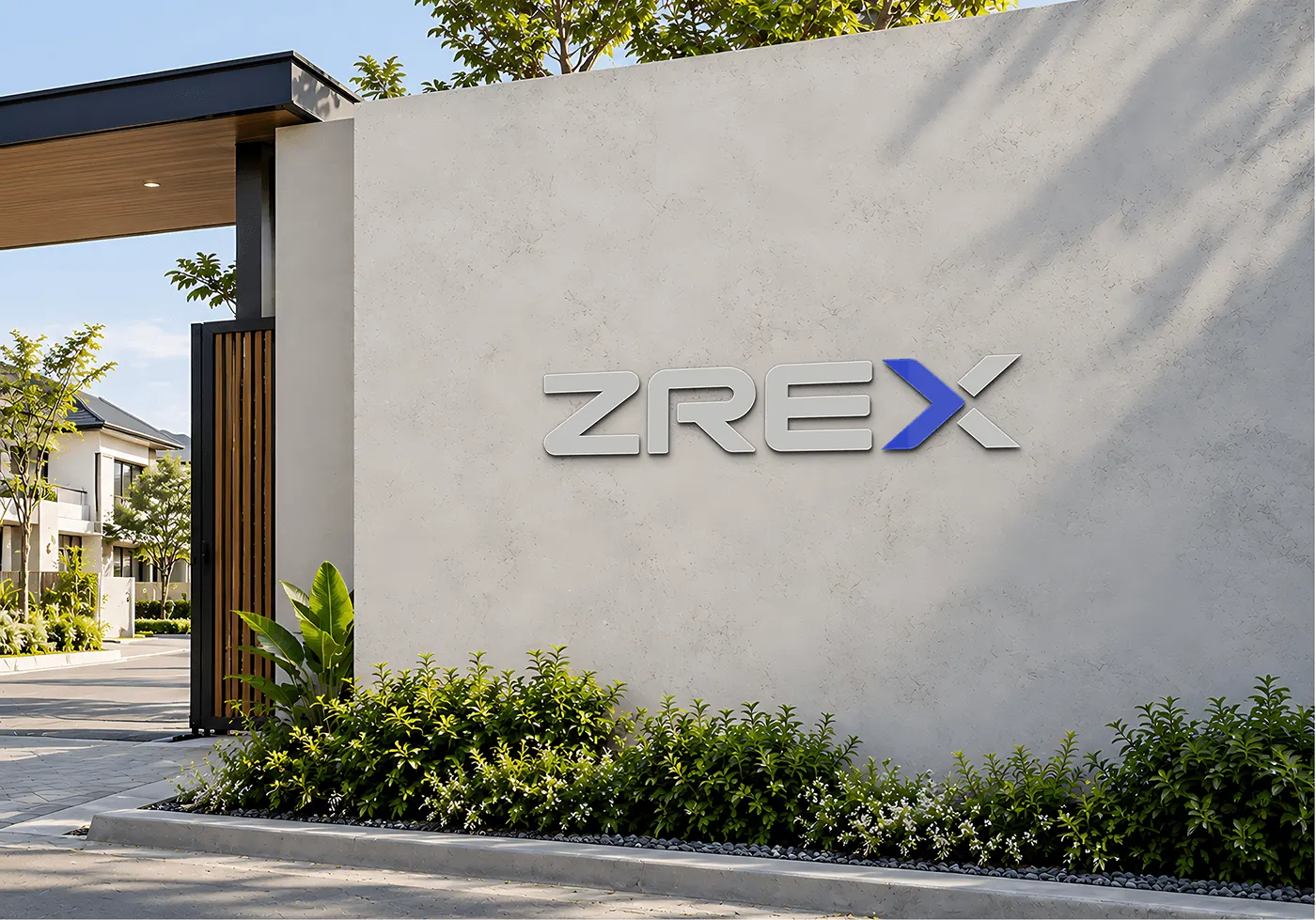ZREX 3D logo sign on a residential entrance wall