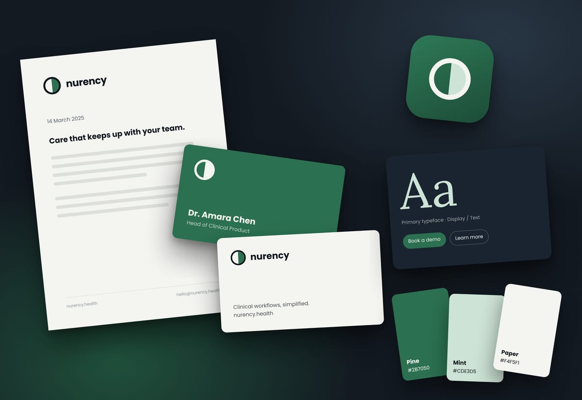 Brand identity system for Nurency: letterhead, business cards, app icon, type specimen and colour palette